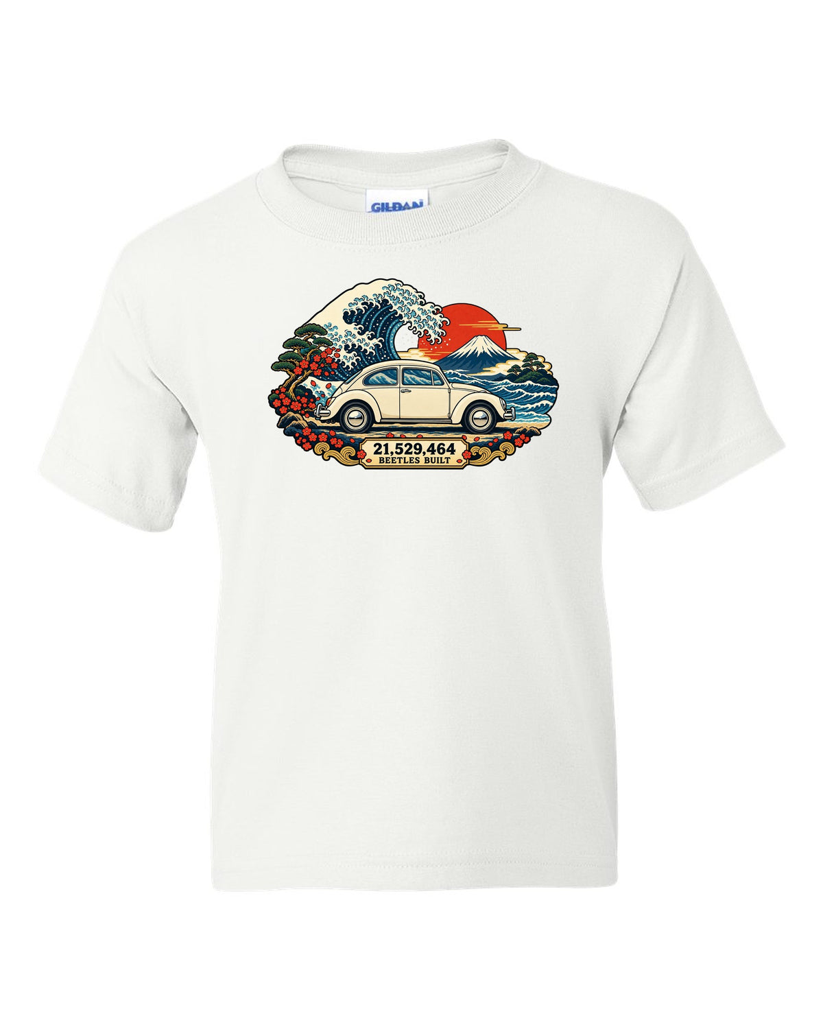Ukiyo-e woodblock wave print of a VW Beetle Type 1 with 21,529,464 Beetles built text white kids tee front view with the design