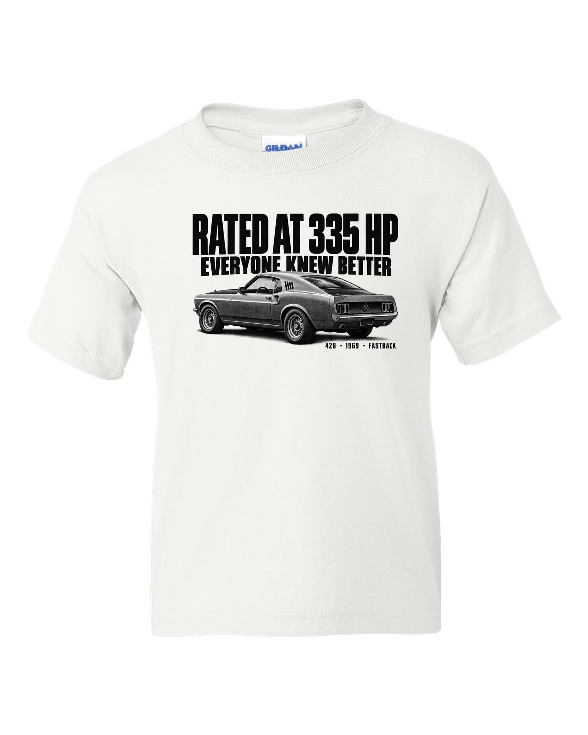 Halftone illustration of a 1969 Ford Mustang fastback with rated at 335 HP lettering white kids tee front view with the design