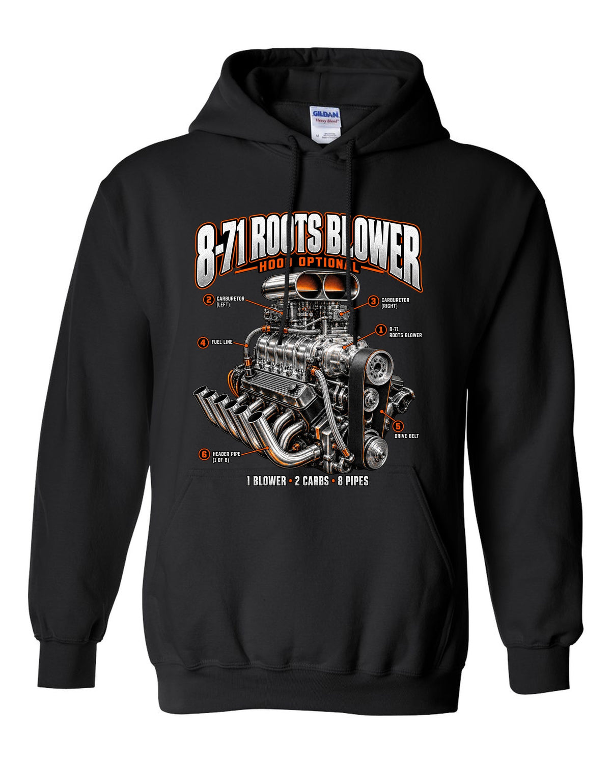 Engine callout print of a blown small-block V8 with 8-71 Roots blower black pull over hoodie front view with the design