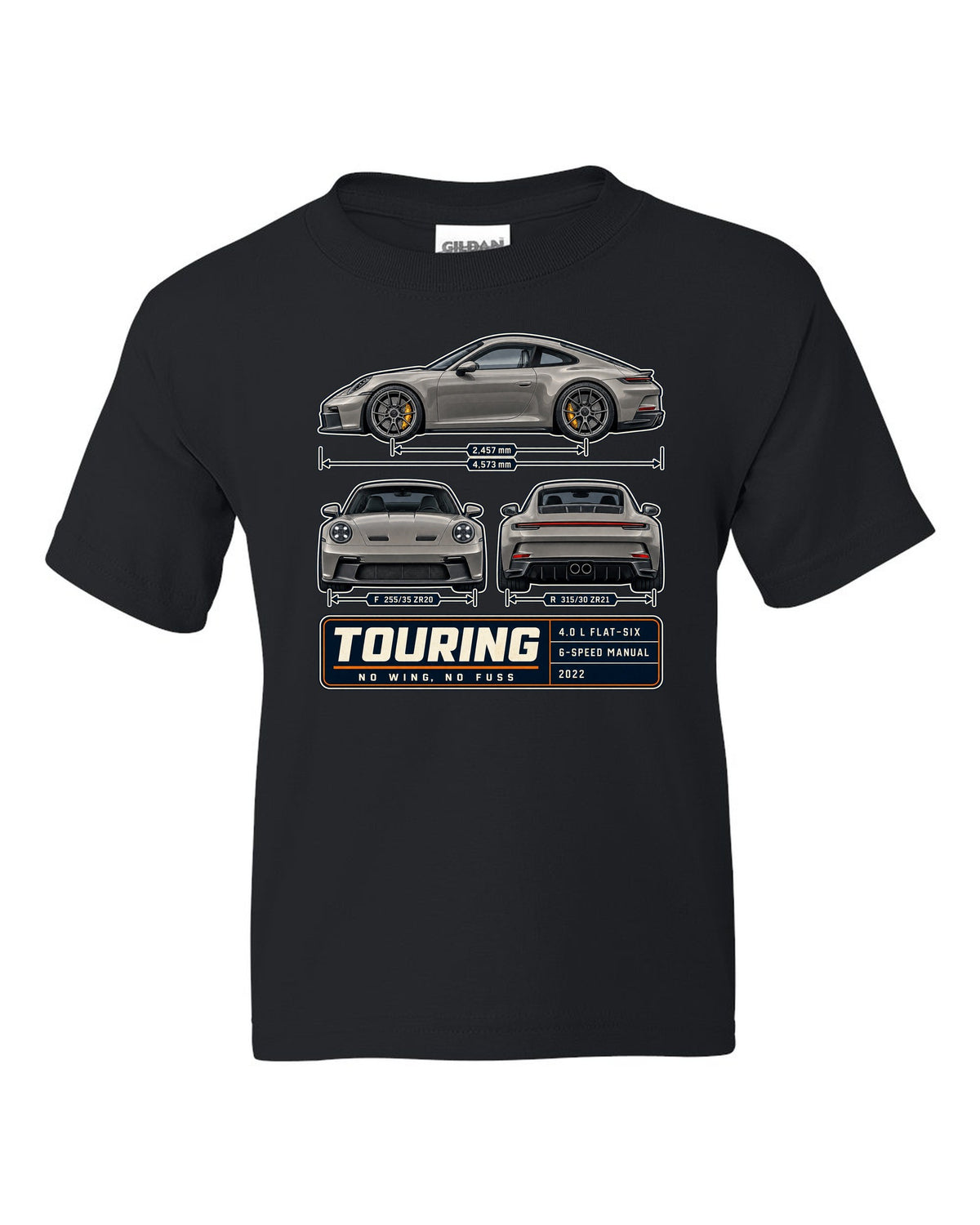 Porsche 992 GT3 Touring three-view spec table print design black kids tee front view with the design
