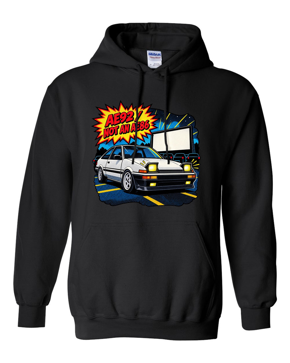 Comic halftone pop-art of a Toyota Corolla AE92 Trueno with the text AE92 Not an AE86 black pull over hoodie front view with the design