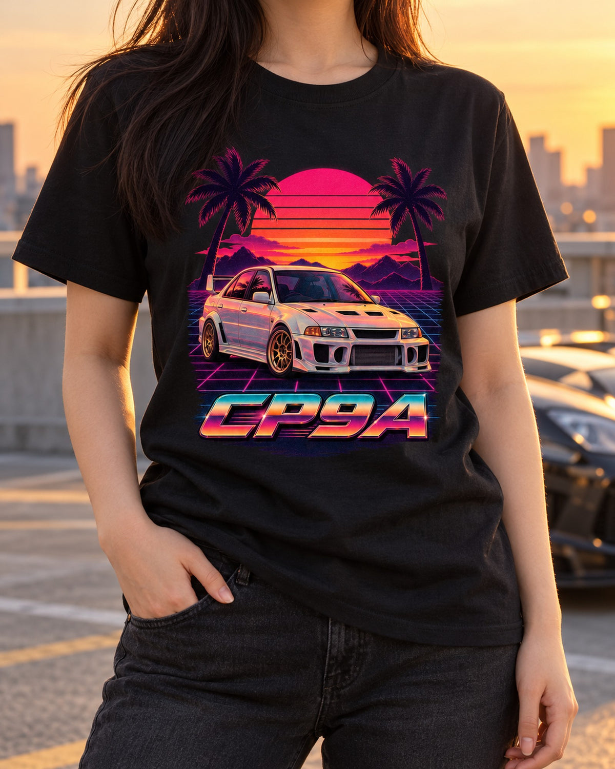 Mitsubishi Lancer Evolution V CP9A Sunset Synthwave Shirt T-Shirt Black worn hero