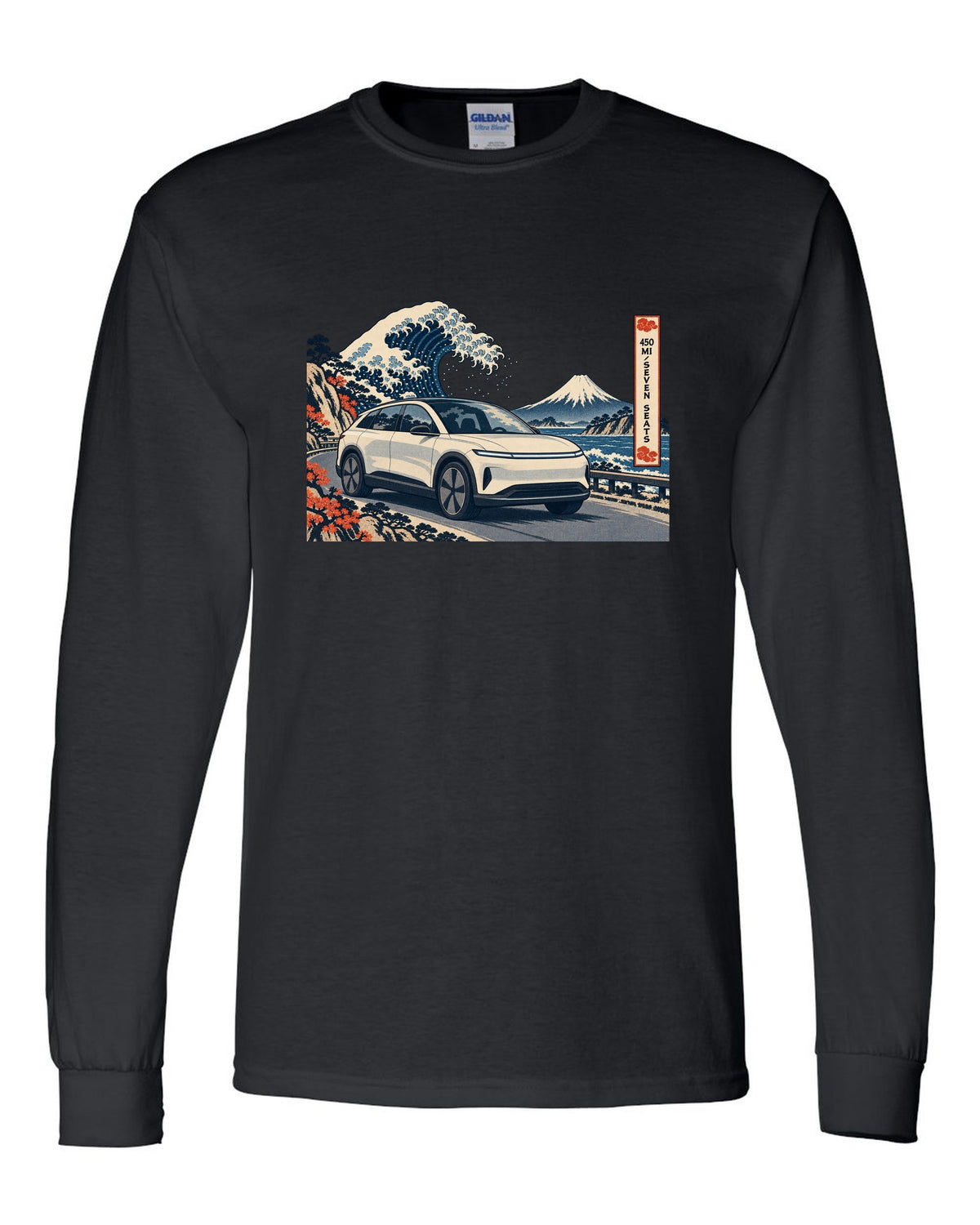 Lucid Gravity ukiyo-e woodblock ridge line print with the text 450 mi seven seats black long sleeve front view with the design