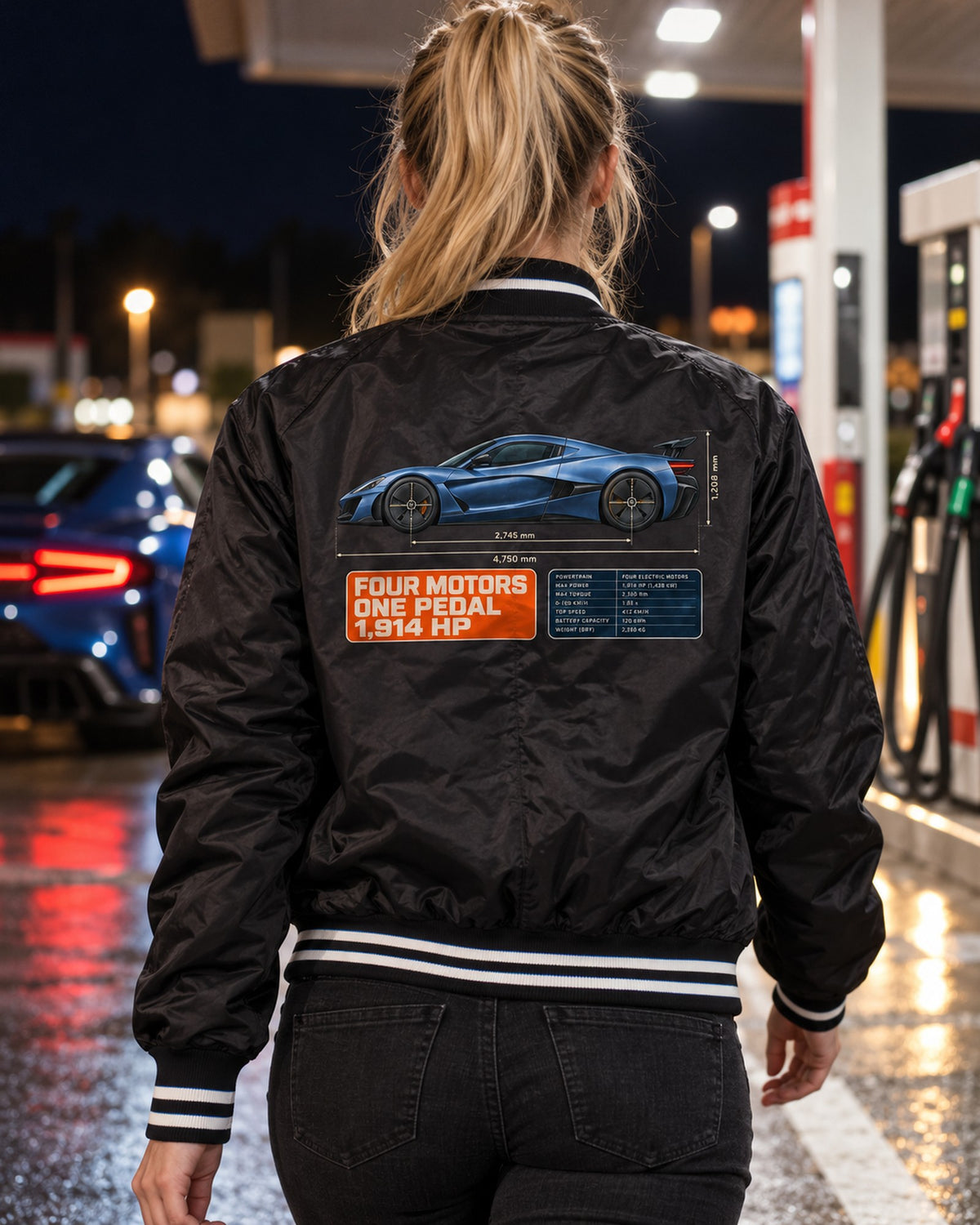 Rimac Nevera Dimension Blueprint Shirt, 1,914 HP Electric Hypercar Bomber Jacket Black worn hero