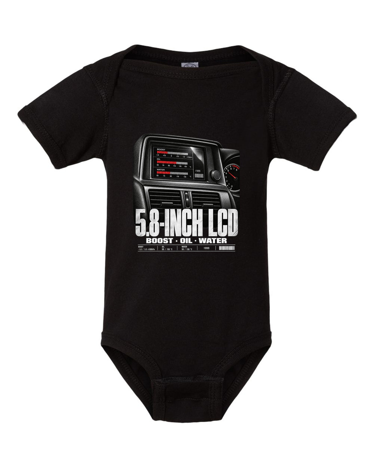 Multifunction display screen of a Nissan Skyline GT-R R34 showing boost, oil and water readings black baby onesie front view with the design