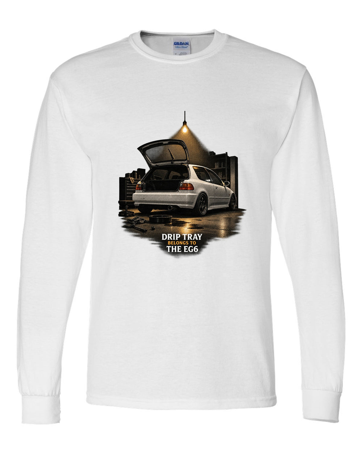 Garage night print of a 1993 Honda Civic EG6 SiR chback with drip tray text white long sleeve front view with the design
