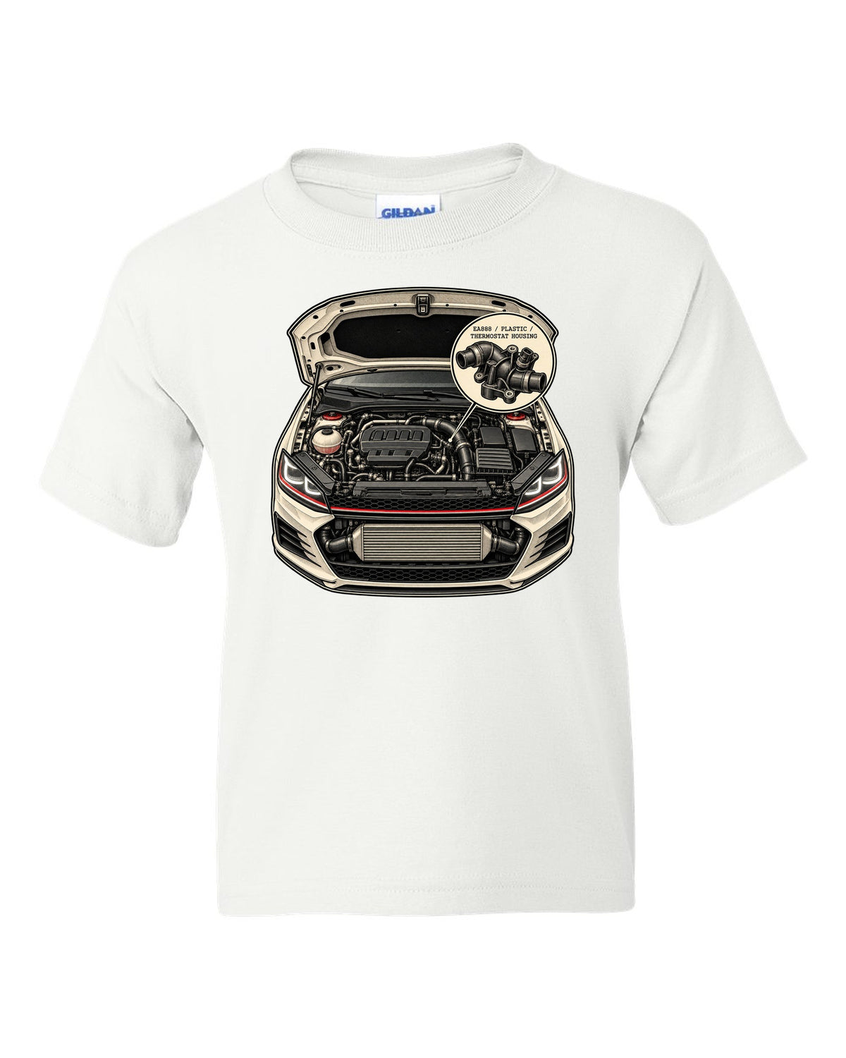 Patent line art of a VW Golf Mk7 GTI engine bay labelled EA888 plastic thermostat housing white kids tee front view with the design