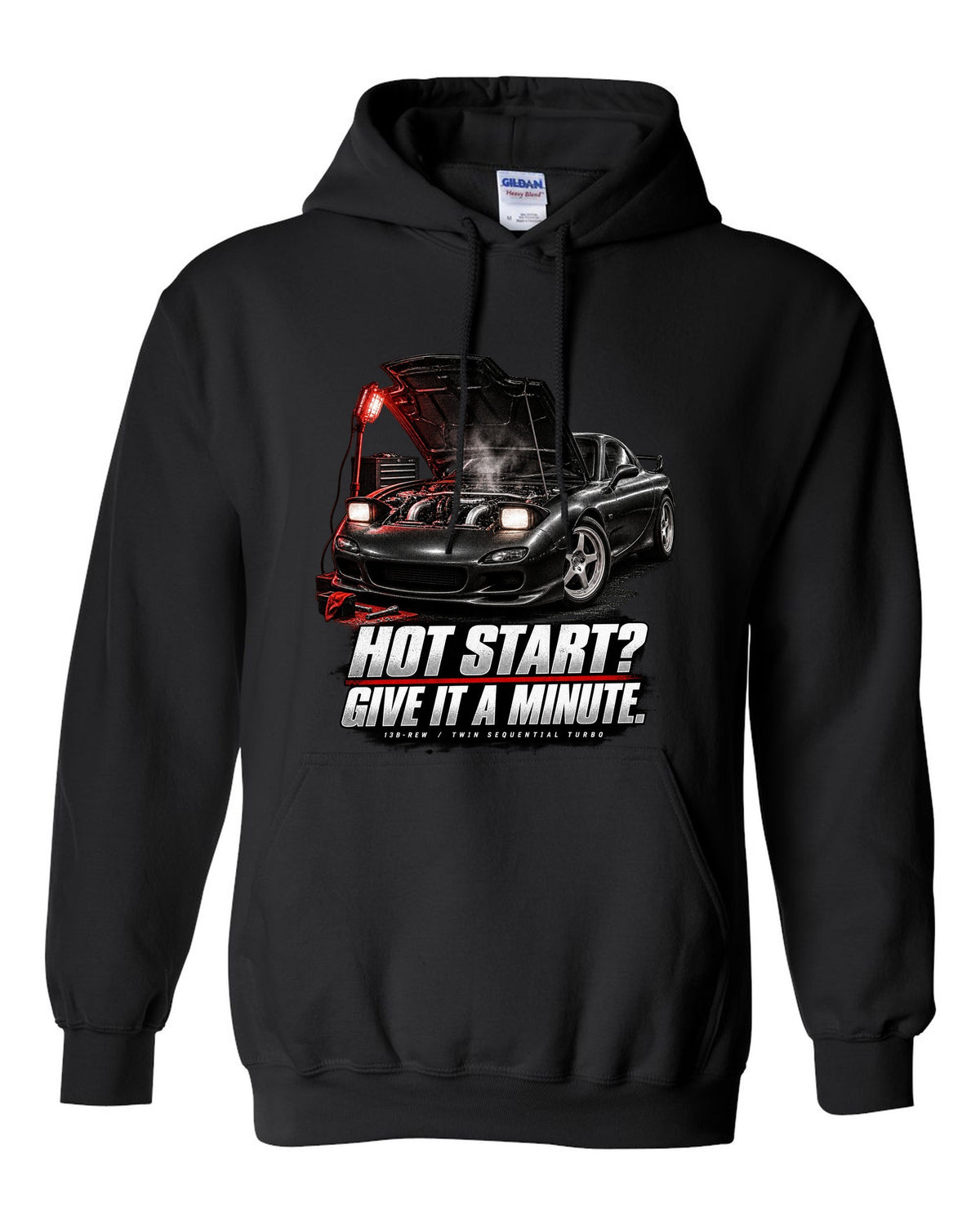 Garage night print of a Mazda RX-7 FD3S with hot start joke and 13B-REW lettering black pull over hoodie front view with the design