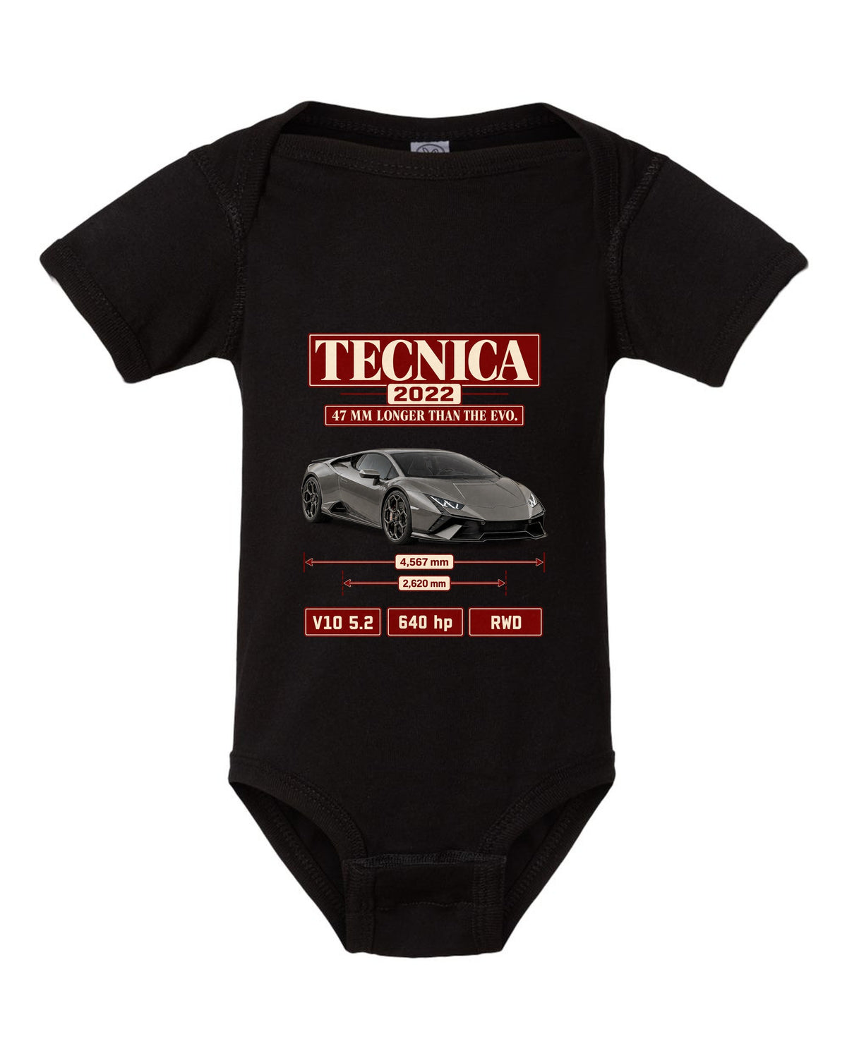 Archive panel print of the Lamborghini Huracan Tecnica black baby onesie front view with the design