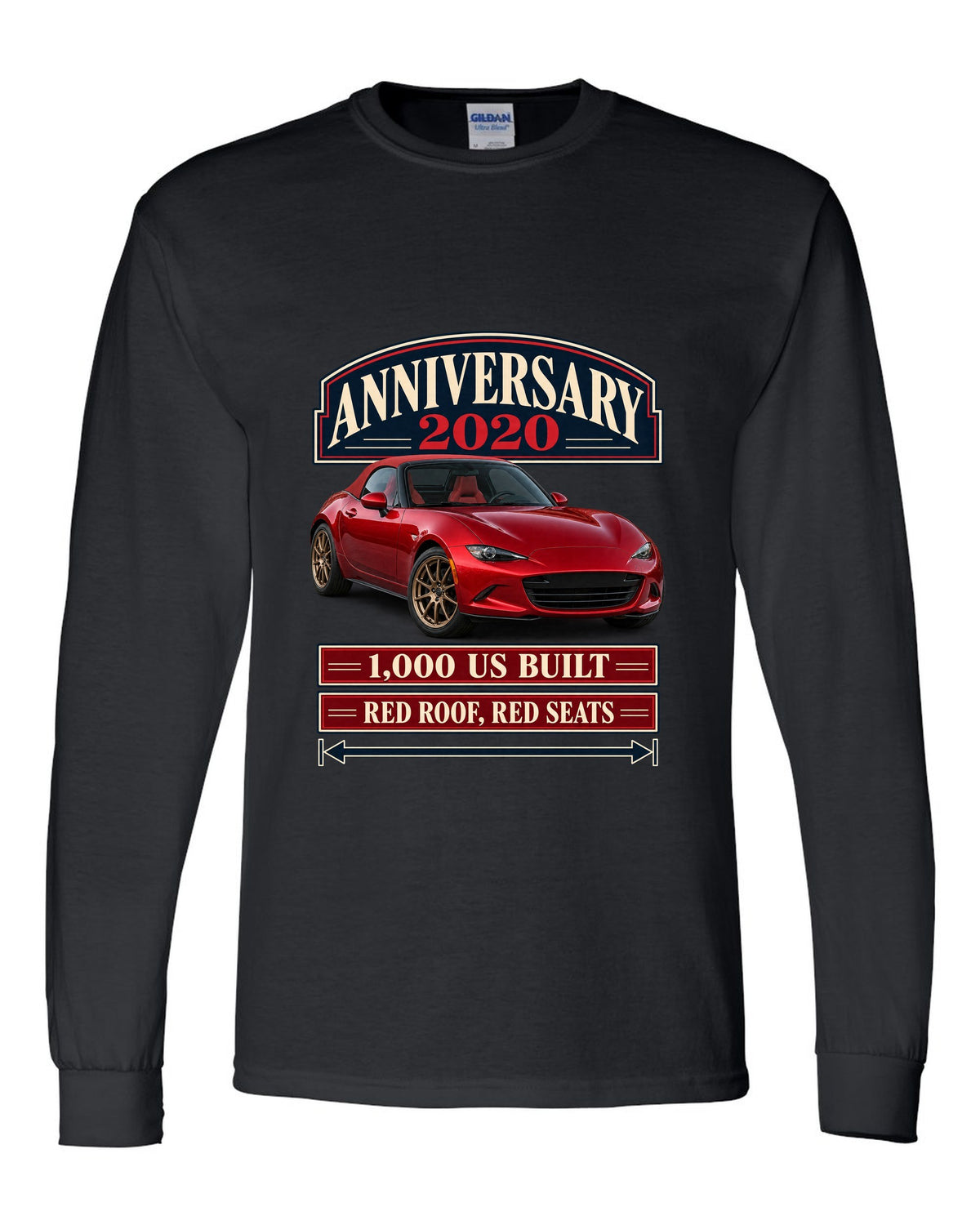 Archive panel layout of a 2020 Mazda MX-5 ND 100th Anniversary Edition with red roof and seats black long sleeve front view with the design