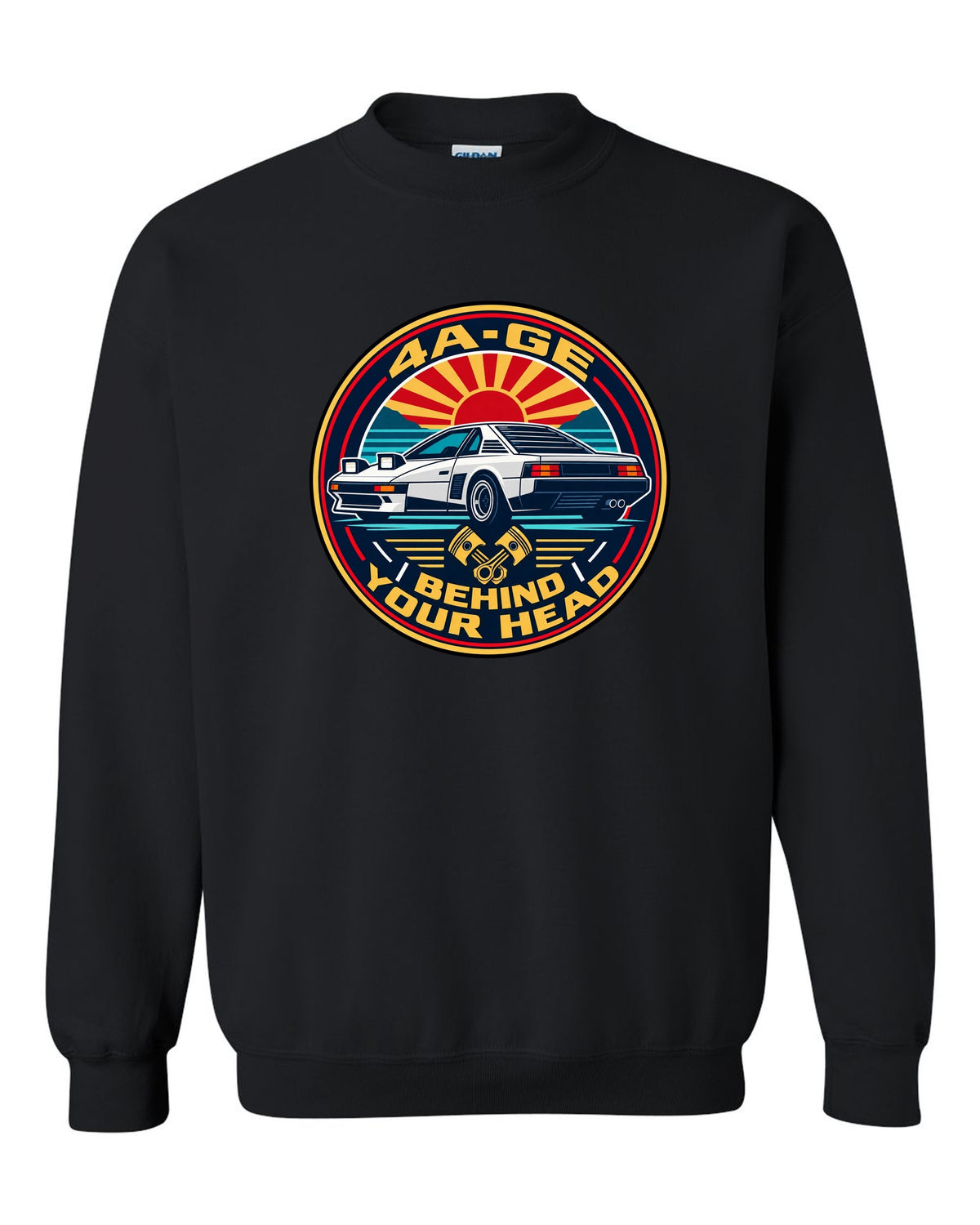 Round crest print of a Toyota MR2 AW11 with 4A-GE text black crewneck front view with the design