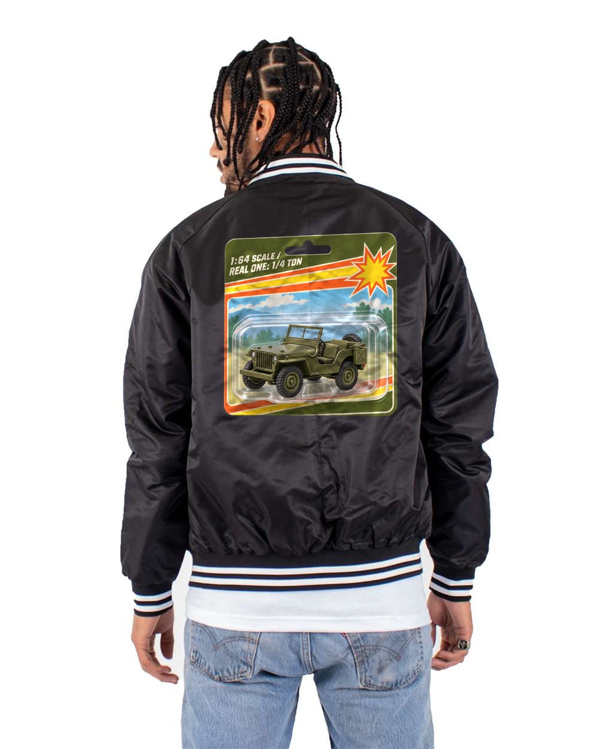 Willys MB Blister Pack Toy Card Tee, 1:64 Scale Jeep Gift Bomber Jacket Black back