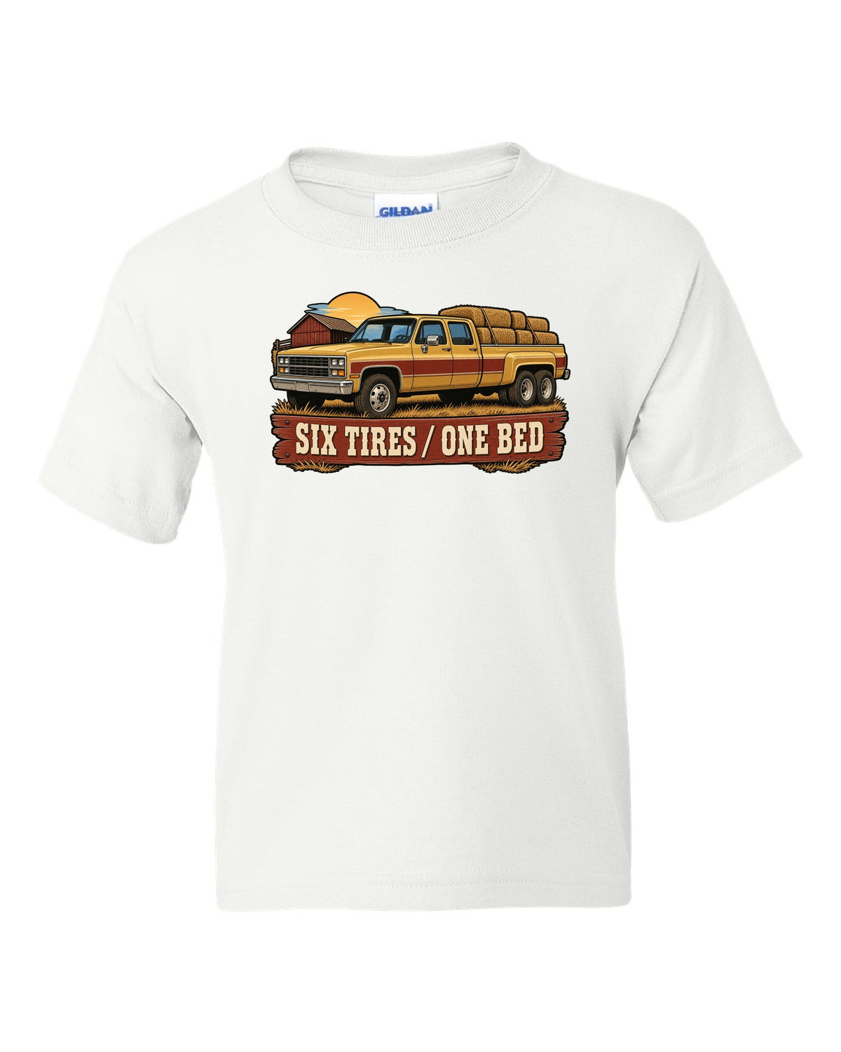 Vintage dealer-ad style print of a 1973-87 Chevrolet C20 Squarebody crew cab with six tires one bed lettering white kids tee front view with the design