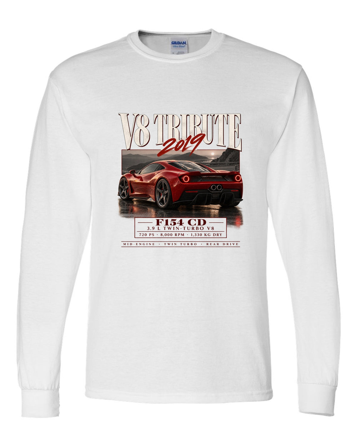 Archive panel print of a Ferrari F8 Tributo listing 3.9 L twin-turbo V8, 720 PS and 1,330 kg dry white long sleeve front view with the design