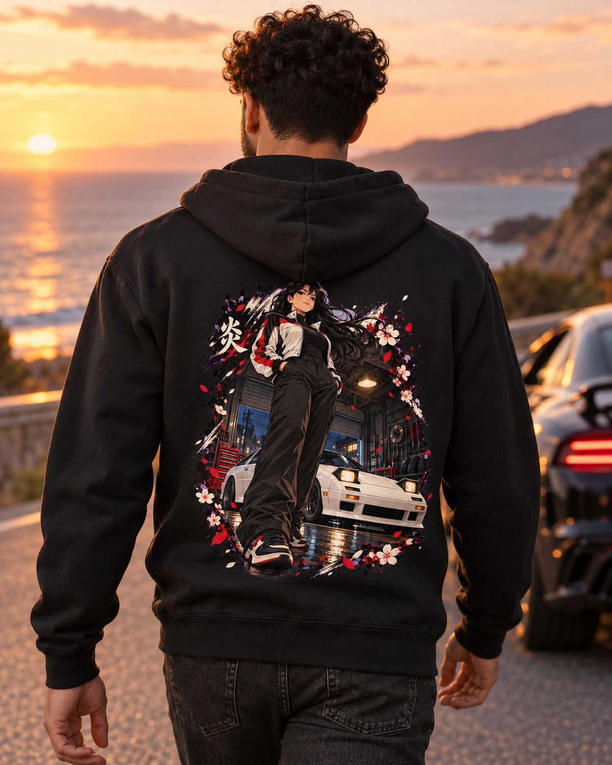 Mazda RX-7 FC Anime Girl Shirt, Hoodie & More Zip Hoodie Black worn hero