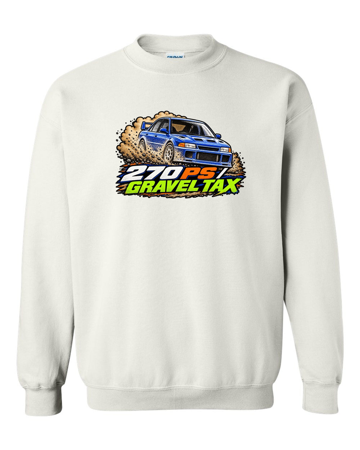 Mitsubishi Lancer Evolution III CE9A in grainy 90s rally magazine halftone, 270 PS / GRAVEL TAX white crewneck front view with the design