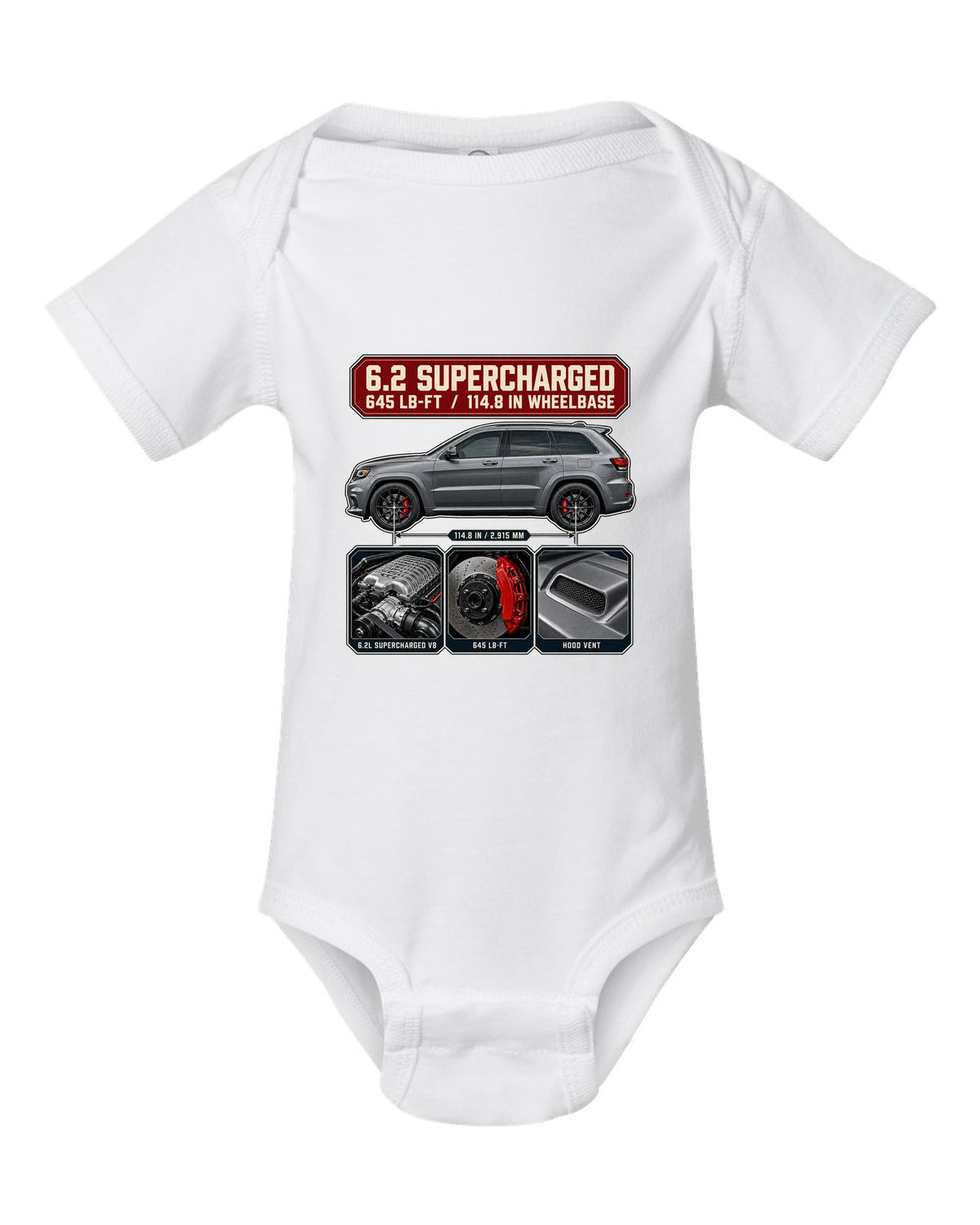 Dossier panel print of the Jeep Grand Cherokee Trackhawk WK2 with engine and torque white baby onesie front view with the design