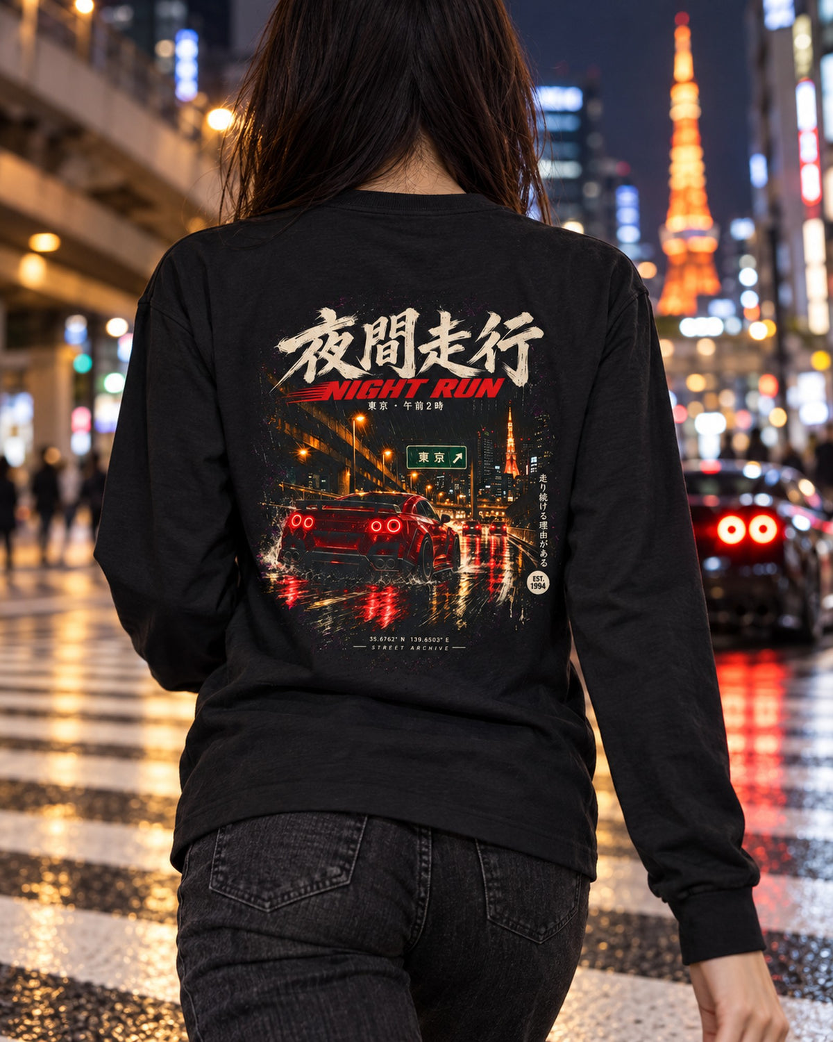 Nissan GT-R R35 Night Run Shirt, Hoodie & More Long Sleeve Black worn hero