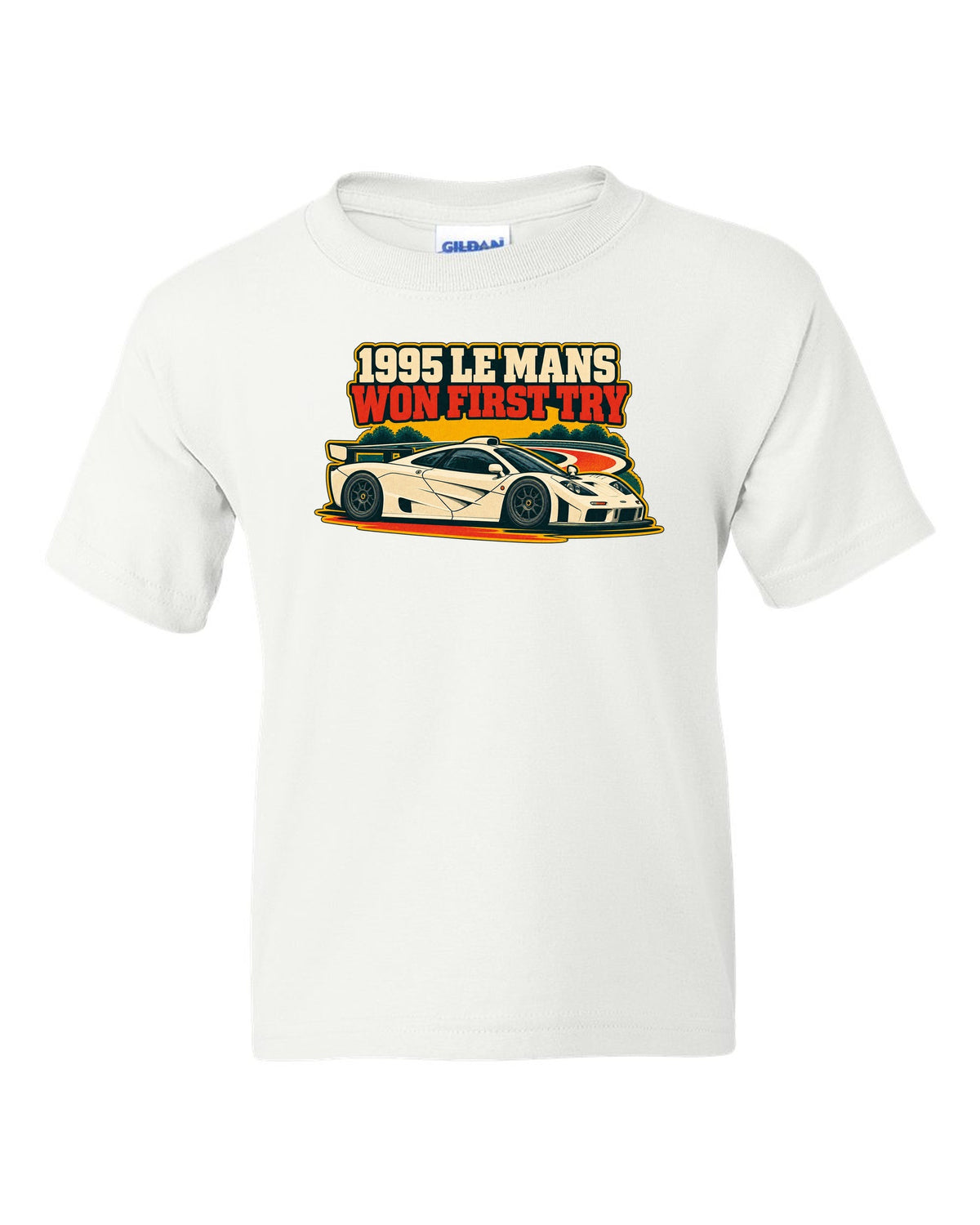 Vintage race poster print of the McLaren F1 GTR with 1995 Le Mans Won First Try lettering white kids tee front view with the design