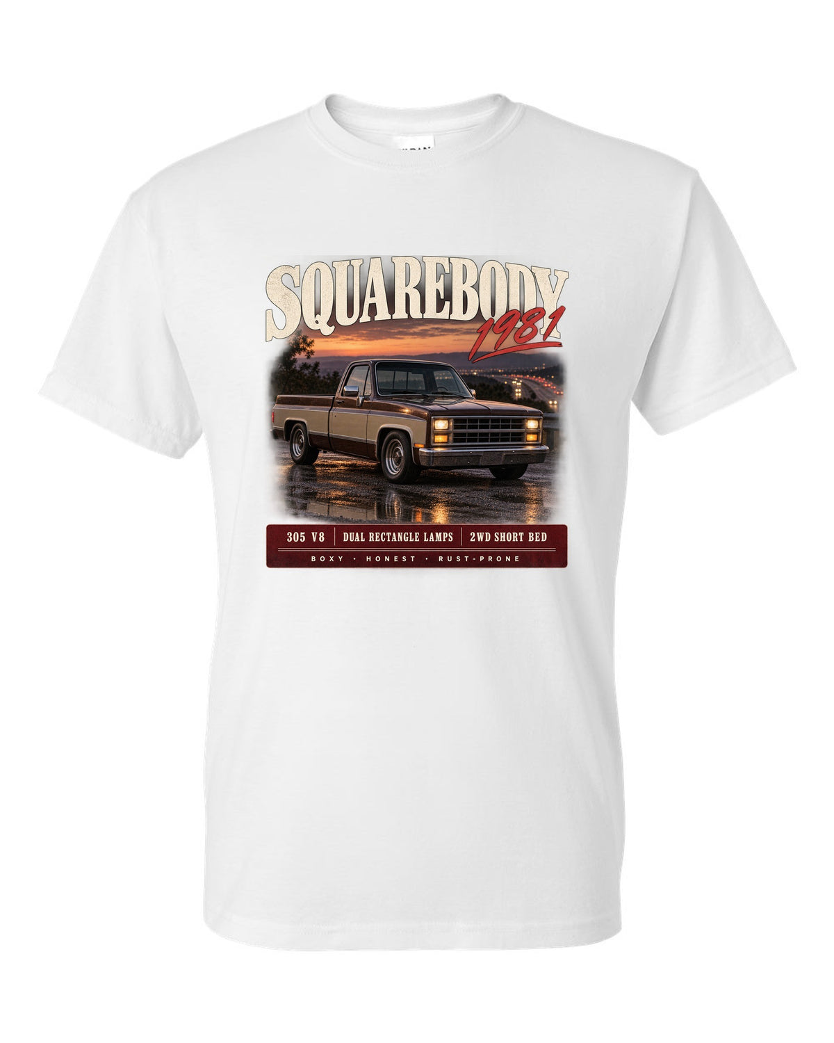 1981 Squarebody C10 Silverado archive panel print white t-shirt front view with the design