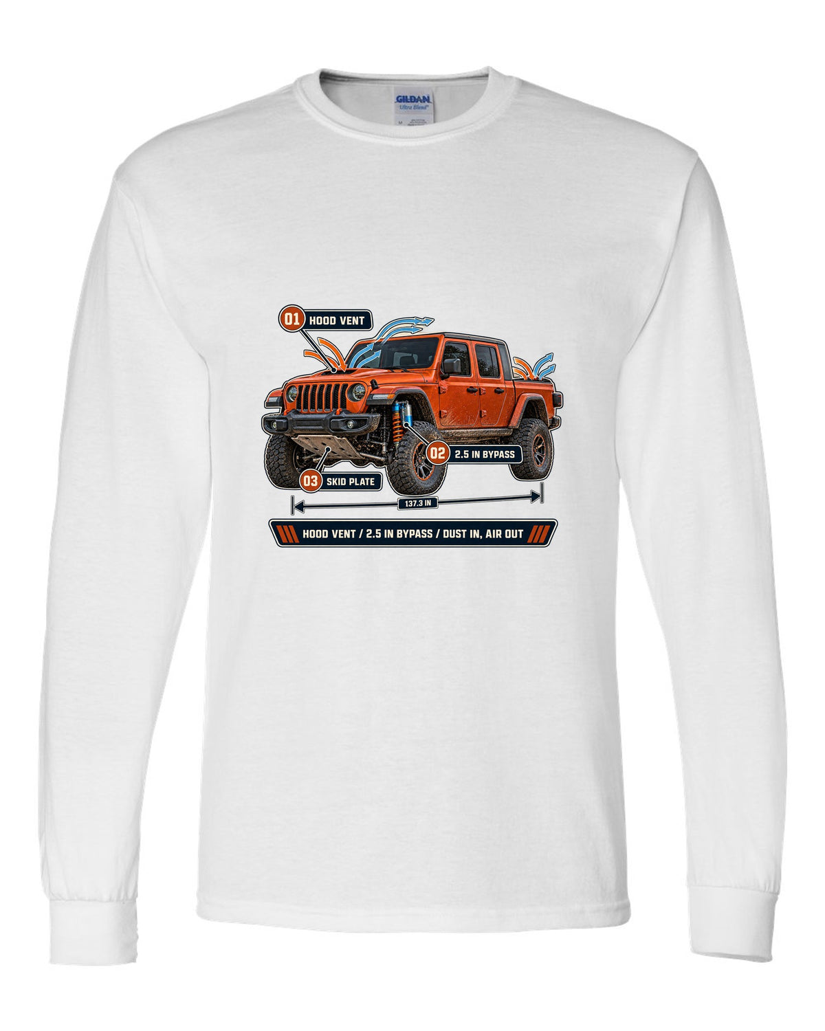 Aero callout print for the Jeep Gladiator Mojave JT showing hood vent and bypass white long sleeve front view with the design