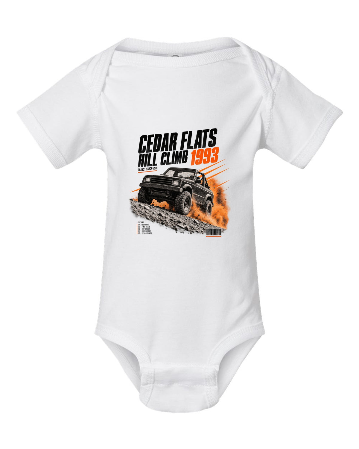 Race poster print for the Jeep Wrangler YJ, Cedar Flats Hill Climb 1993 white baby onesie front view with the design