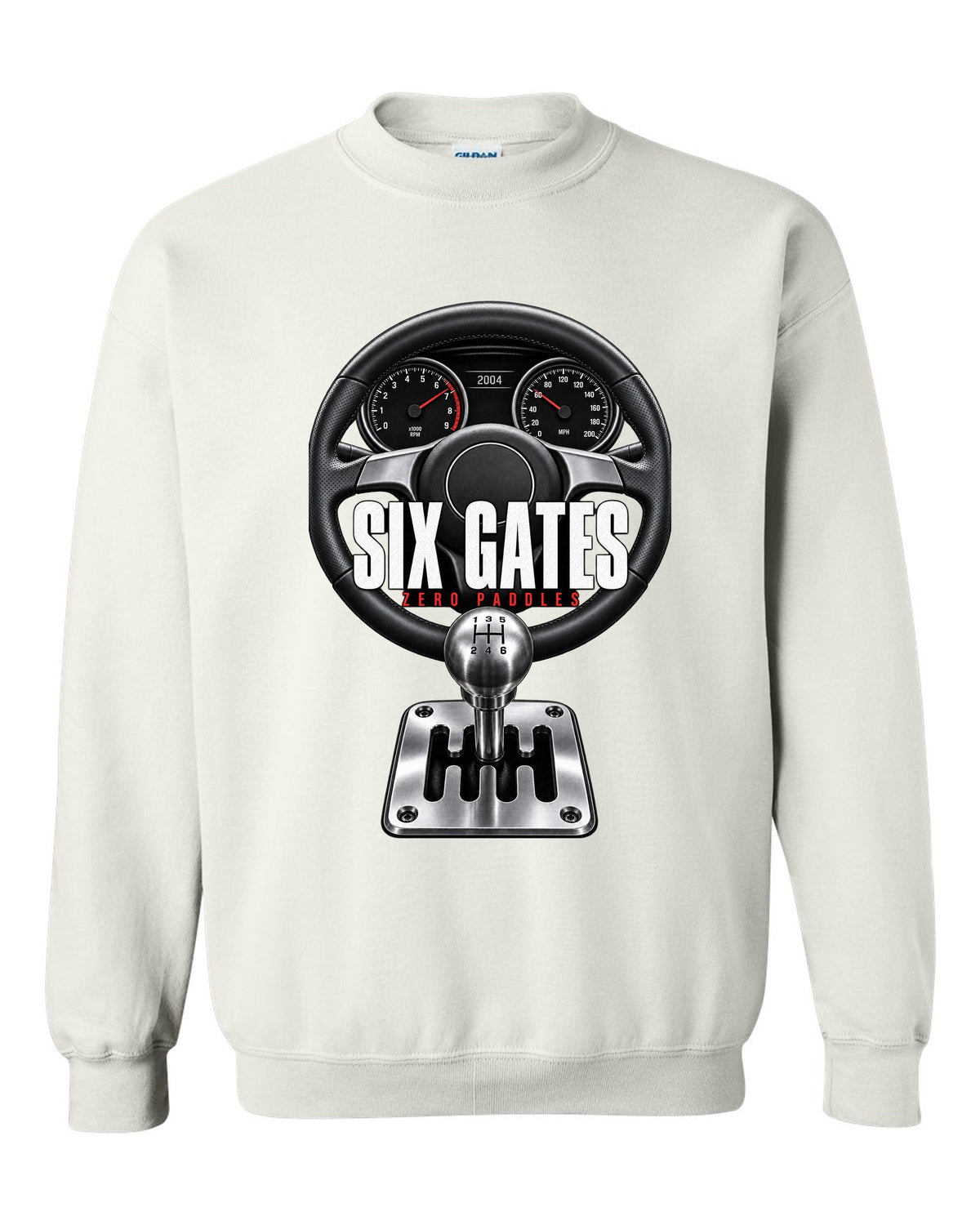 Cockpit print of a Lamborghini Gallardo with gated six-speed shifter and Six Gates text white crewneck front view with the design
