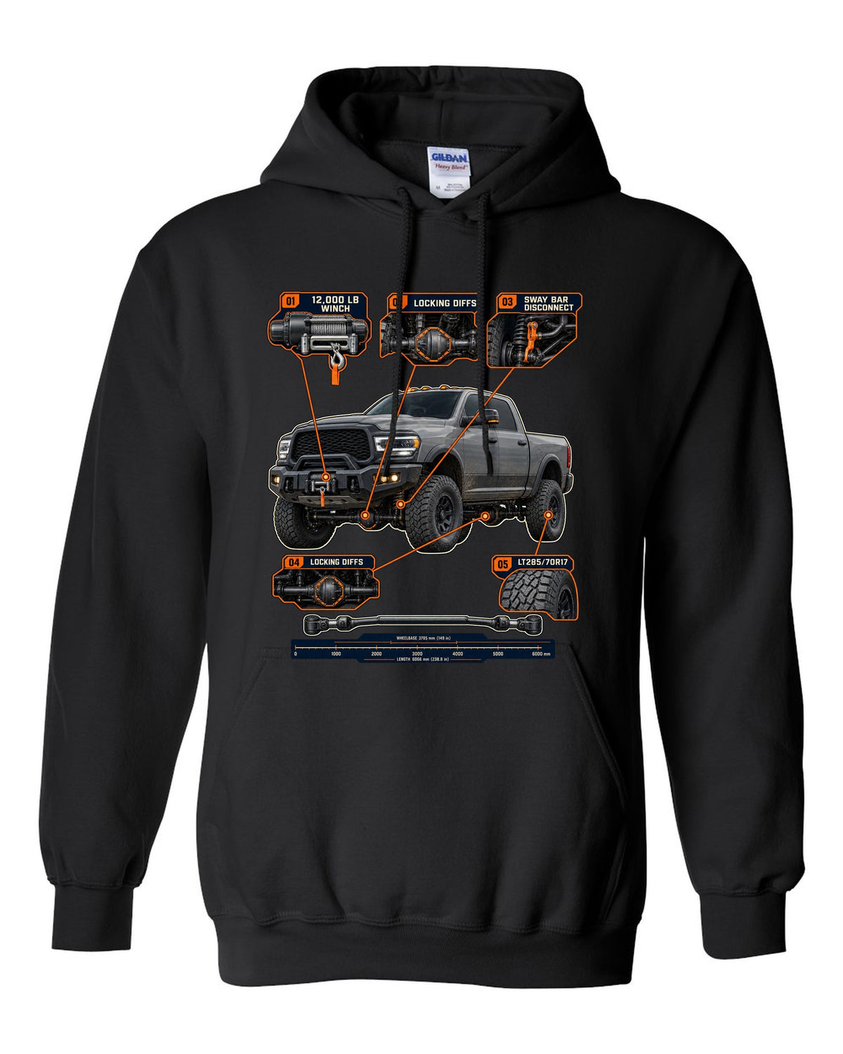Ram 2500 Power Wagon callouts for winch, locking diffs and sway bar disconnect print black pull over hoodie front view with the design