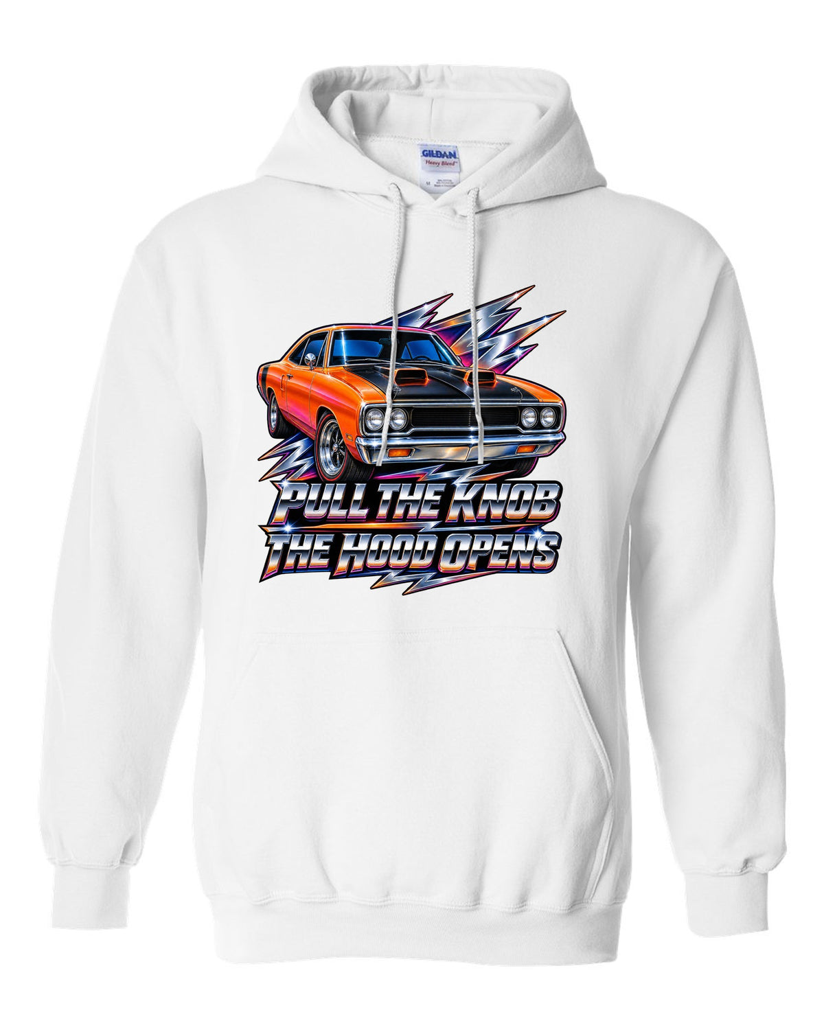 80s airbrush chrome design of a 1970 Plymouth Road Runner with pull the knob hood text white pull over hoodie front view with the design