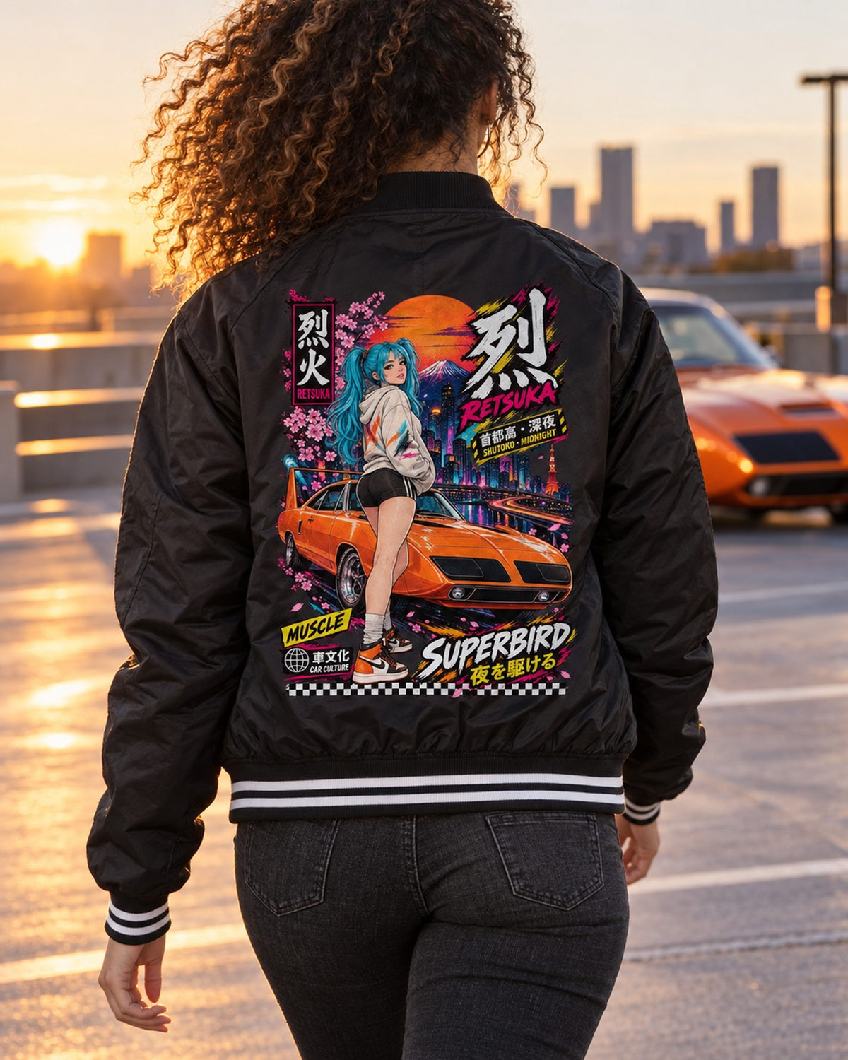 RETSUKA SUPERBIRD Anime Girl Full-Back Graphic Tee Bomber Jacket Black worn hero