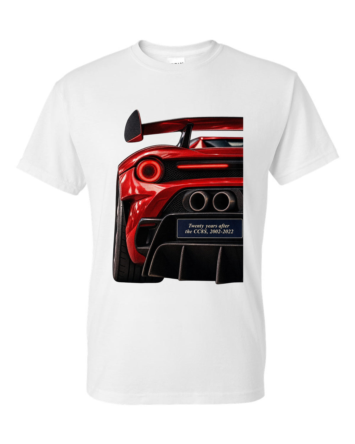 Taillight macro print of the Koenigsegg CC850 with the text twenty years after the CC8S, 2002-2022 white t-shirt front view with the design