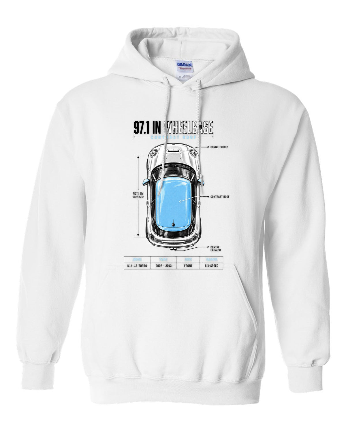 Top-down plan view of a Mini Cooper S R56 on a spec poster print with wheelbase text white pull over hoodie front view with the design