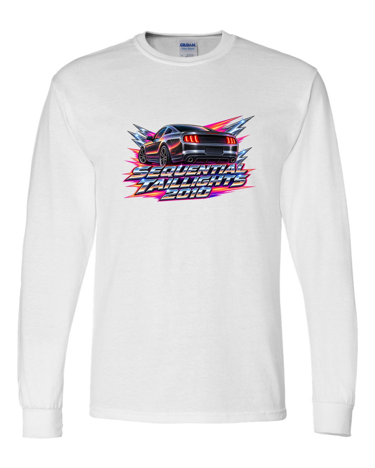 80s airbrush chrome 2005-2014 S197 Ford Mustang fastback with sequential taillights text white long sleeve front view with the design