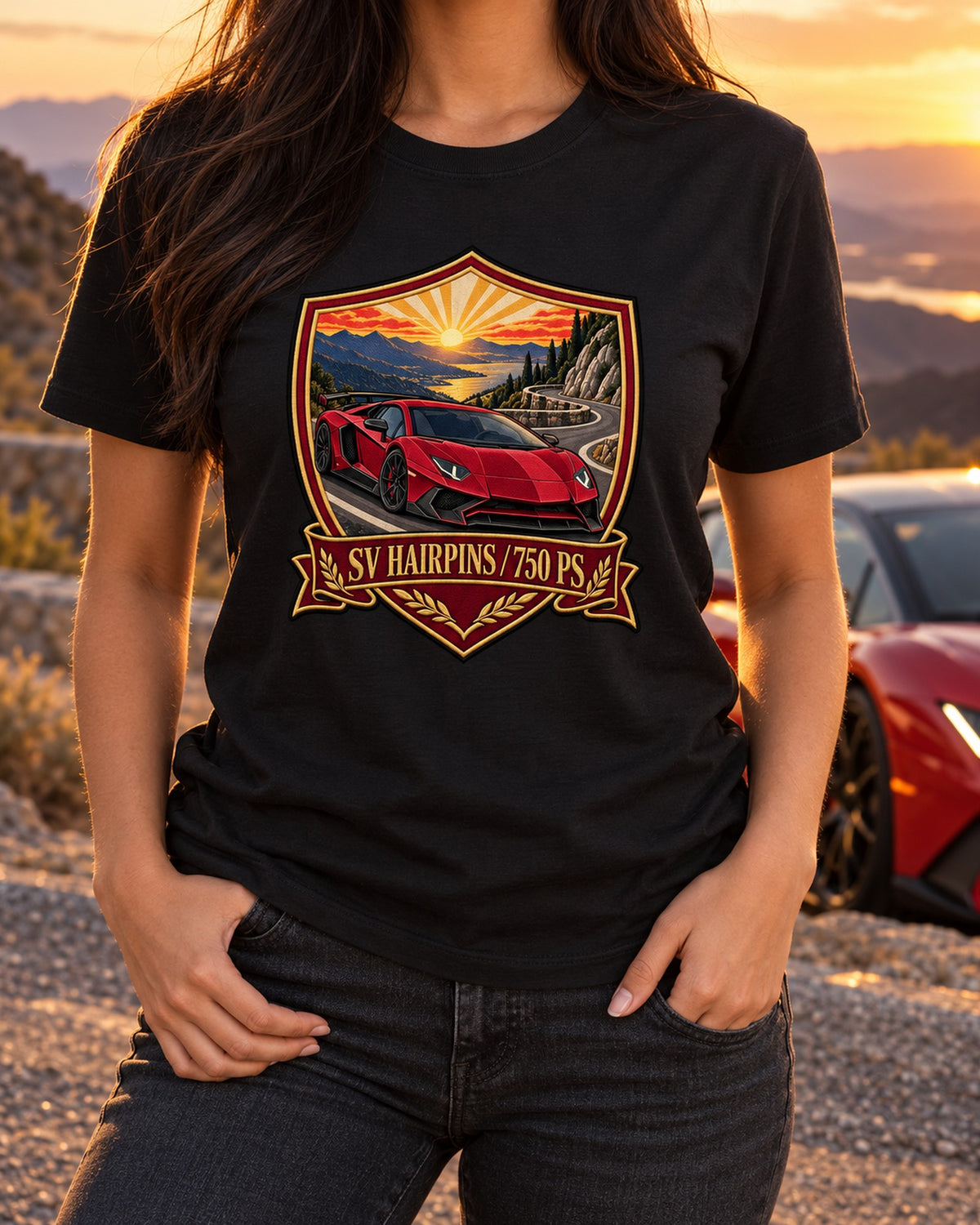 Aventador LP750-4 SV Hairpin Shield Crest Tee, Golden Hour T-Shirt Black worn hero