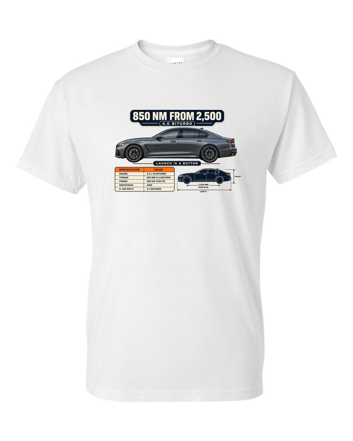 Spec poster print of a Nardo-style grey Mercedes-AMG E63 S W213 facelift white t-shirt front view with the design