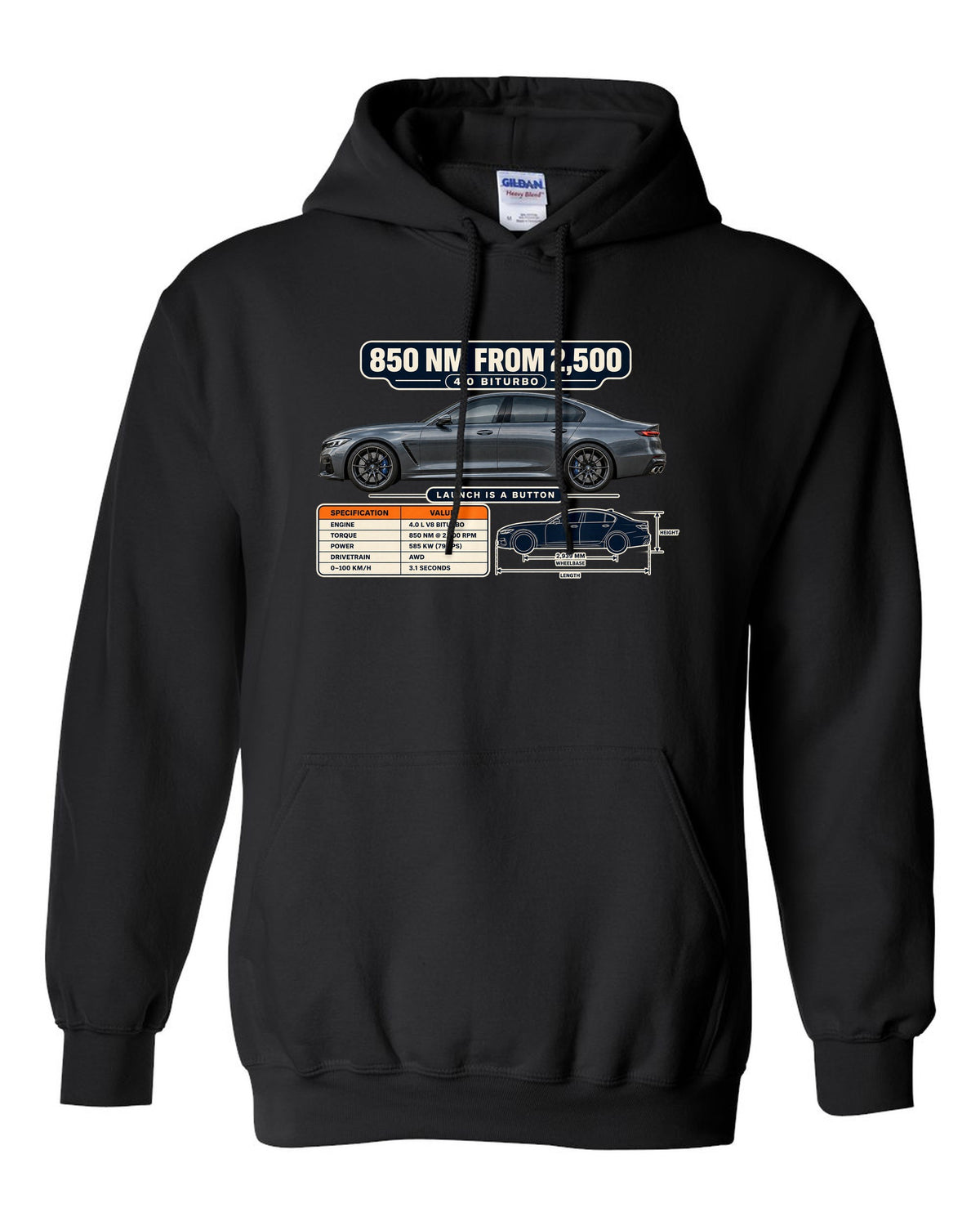 Spec poster print of a Nardo-style grey Mercedes-AMG E63 S W213 facelift black pull over hoodie front view with the design