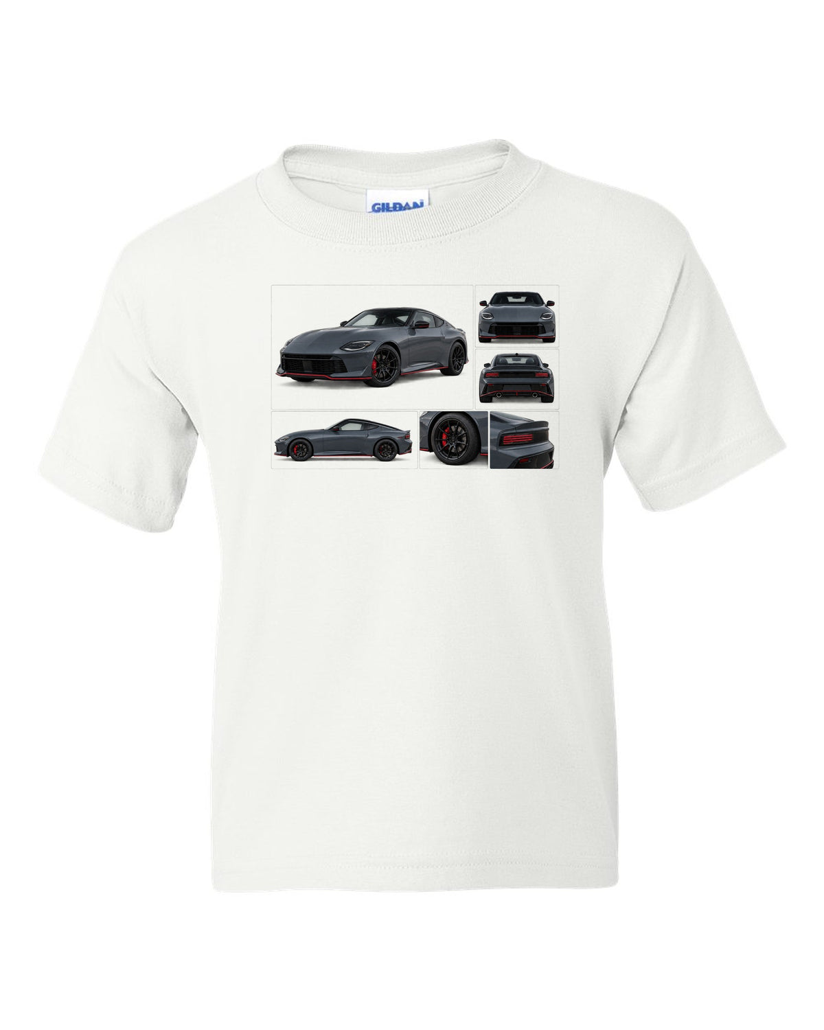 Halftone style print of a 2024 Nissan Z RZ34 Sport with VR30DDTT text white kids tee front view with the design