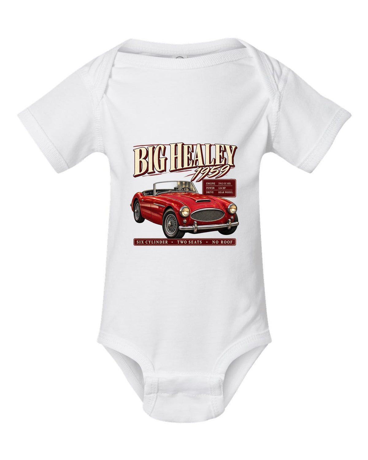 print of a red 1959 Austin-Healey 3000 Mk I BN7 in three-quarter front view with spec panel white baby onesie front view with the design