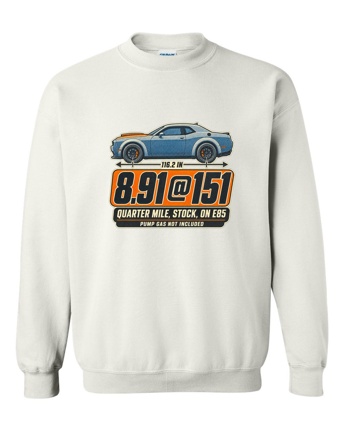 Dodge Challenger SRT Demon 170 halftone print with quarter mile time on E85 white crewneck front view with the design