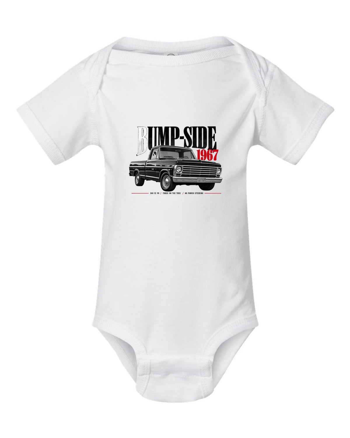Ford F-Series Bump-Side 1967 360 FE V8 Editorial Graphic Tee white baby onesie front view with the design