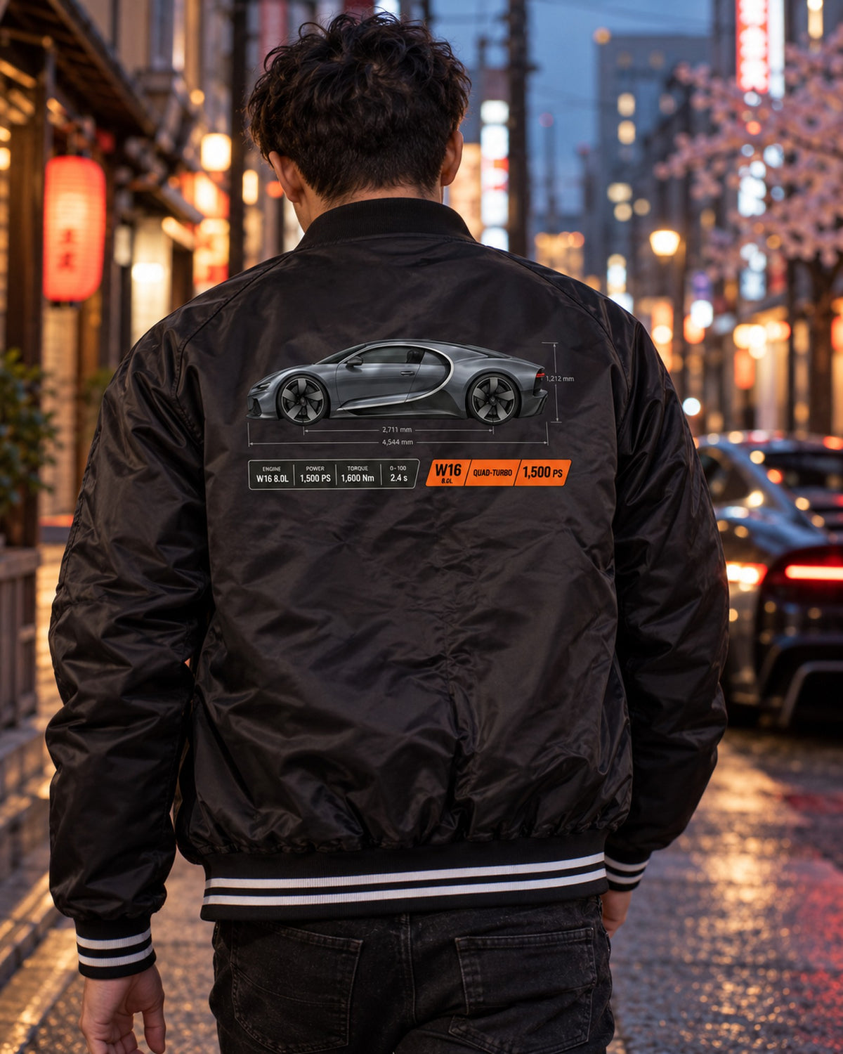 Bugatti Chiron W16 Dimension Blueprint Shirt, 1,500 PS Tee Bomber Jacket Black worn hero