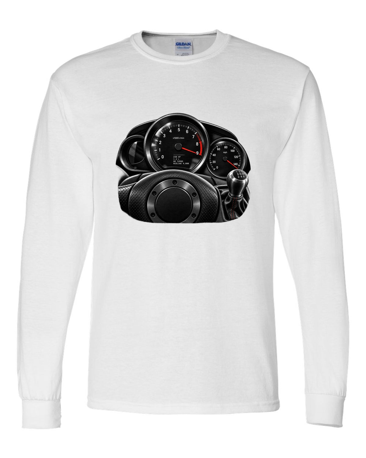 Gauge cluster print of a Mazda RX-8 SE3P with 9,000 redline lettering white long sleeve front view with the design