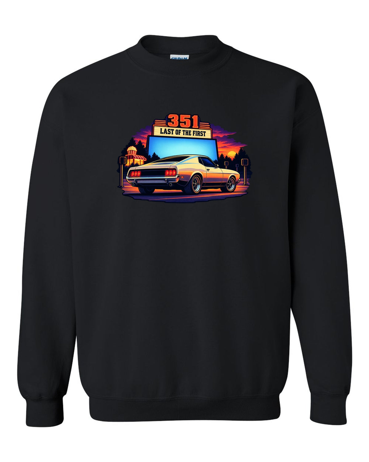 Cel-shaded anime print of a 1973 Ford Mustang fastback at a drive-in black crewneck front view with the design