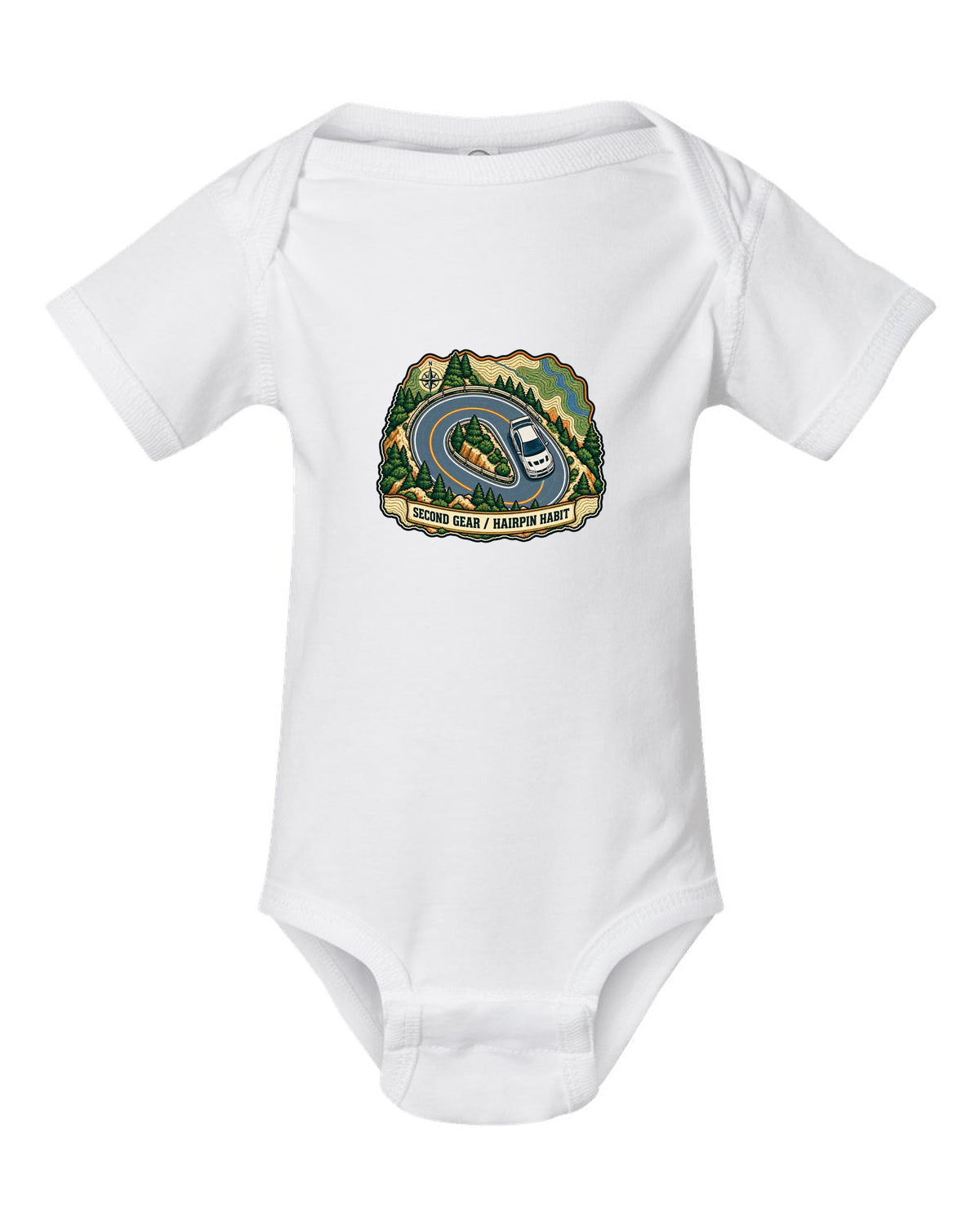 Topographic route map print for the Mitsubishi Evo VII CT9A with second gear hairpin habit text white baby onesie front view with the design