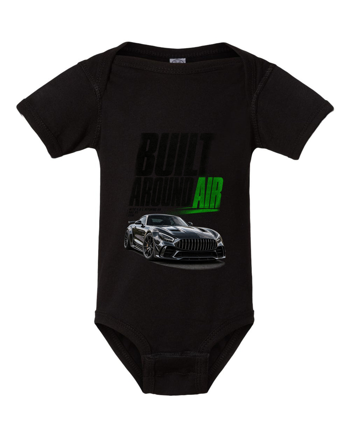Halftone statement print of a Mercedes-AMG GT R C190 with Built Around Air lettering black baby onesie front view with the design