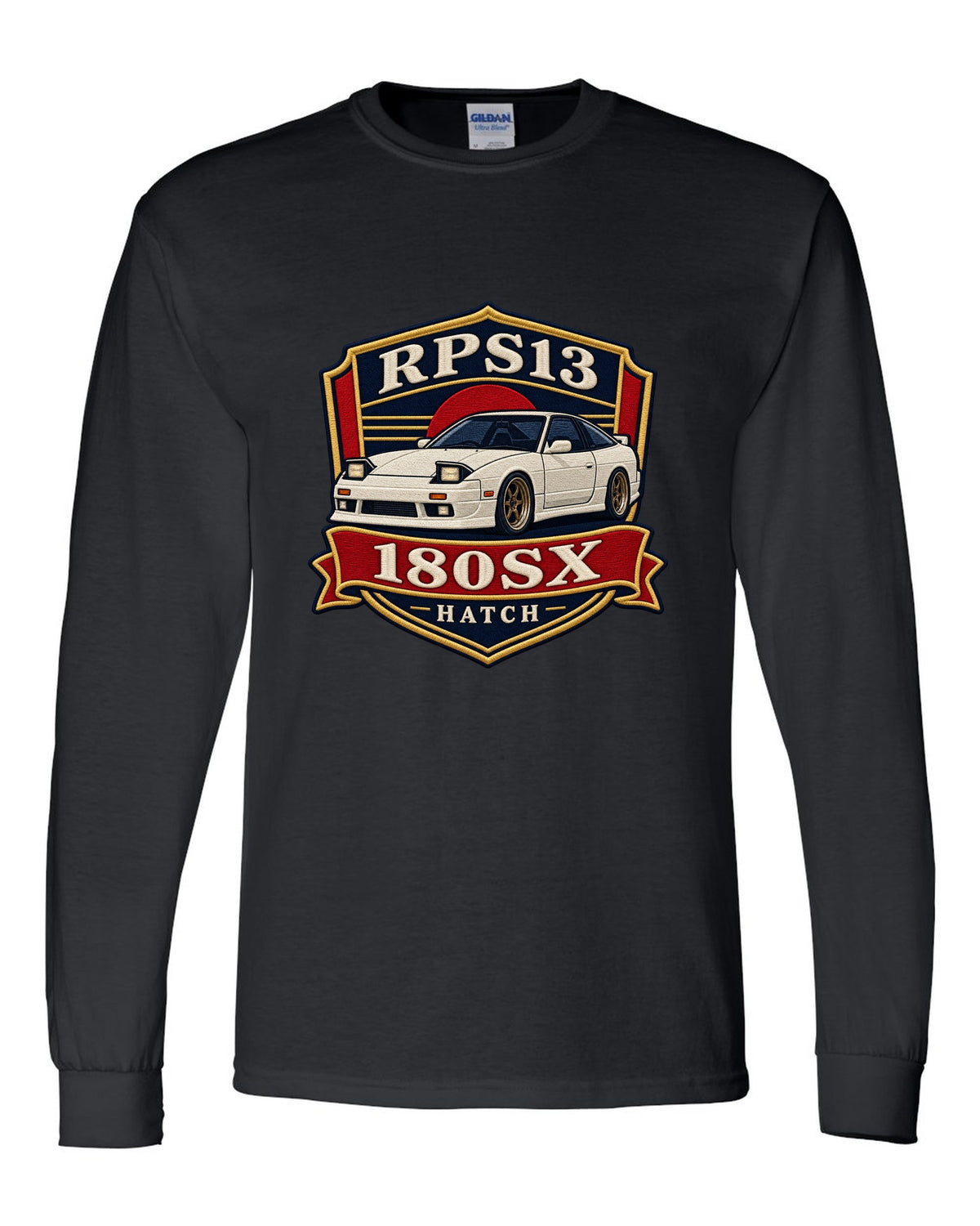 Shield crest print for the Nissan 180SX RPS13 chback black long sleeve front view with the design