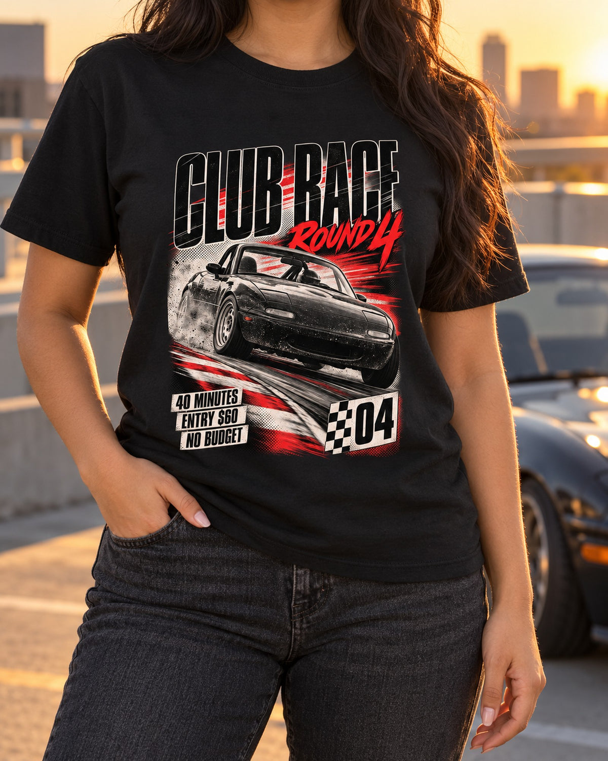 Mazda MX-5 NA Club Race Poster Shirt, Round 4, Entry $60 T-Shirt Black worn hero