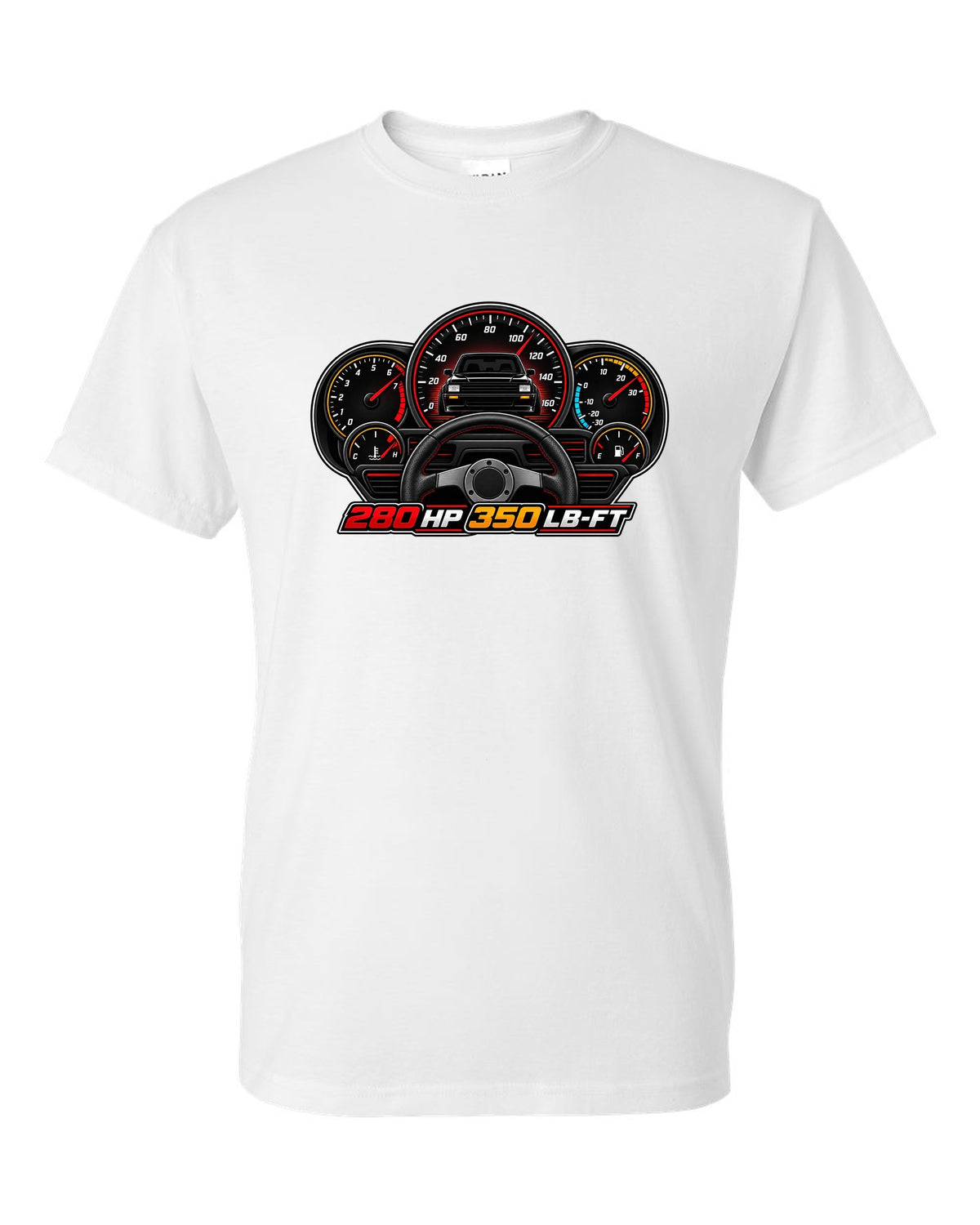 Gauge cluster HUD design for a 1991 GMC Syclone showing 280 HP and 350 LB-FT white t-shirt front view with the design