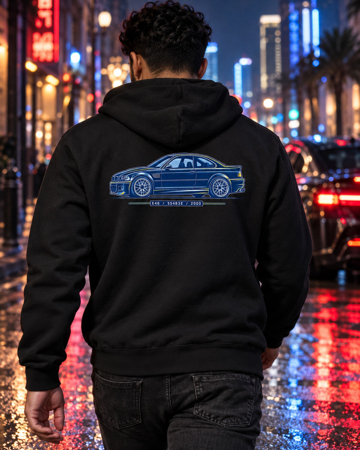 BMW E46 M3 S54 Cyanotype Blueprint Shirt, Car Guy Gift Zip Hoodie Black worn hero