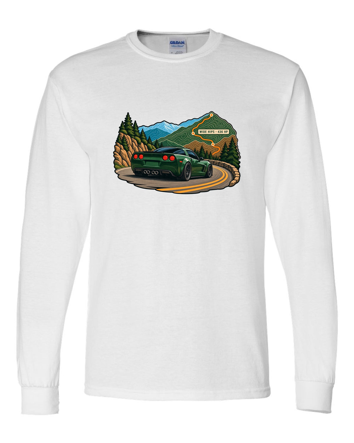 Topographic contour map print of a 2010 Chevrolet Corvette C6 Grand Sport with Wide Hips 436 HP text white long sleeve front view with the design